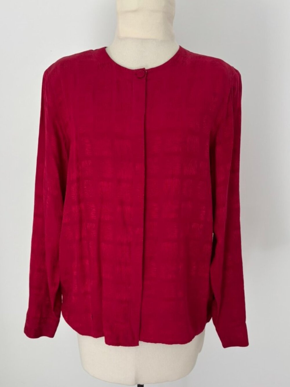 Vintage "Silk Land" red silk blouse button front crew neck